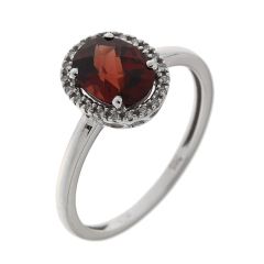 Bague Or Blanc 750 Grenat Ovale 8x6mm et Diamant