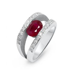 Bague Or Blanc 750 Rubis Ovale 8x6mm et Diamant