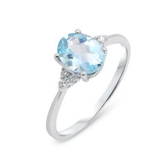 Bague Or Blanc 750 Topaze Bleue Ovale 9x7mm et Diamant