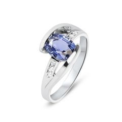 Bague Or Blanc Saphir ovale 8x6mm et diamant