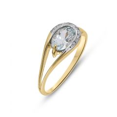 Bague Or Jaune 375 Aigue Marine Ovale 7x5mm et Diamant