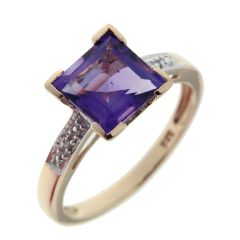 Bague Or Jaune 375 Améthyste Carrée et Diamant