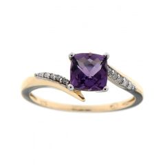 Bague Or Jaune 375 Améthyste Coussin 6x6mm et Diamant