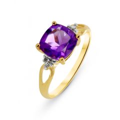 Bague Or jaune 375 Améthyste Coussin 8x8mm et Diamant