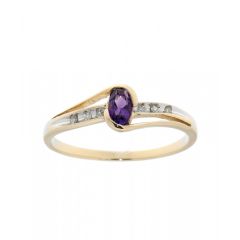 Bague Or Jaune 375 Améthyste Ovale 5x3mm et Diamant