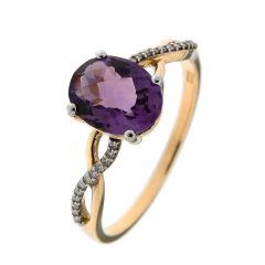 Bague Or Jaune 375 Améthyste Ovale 8x6mm et Diamant