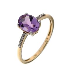 Bague Or Jaune 375 Améthyste Ovale 8x6mm et Diamant