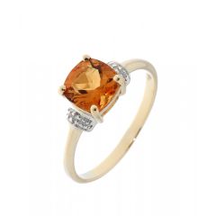 Bague Or Jaune 375 Citrine Coussin 7mm et Diamant
