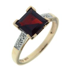 Bague Or Jaune 375 Grenat Carré 8x8mm et Diamant