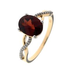 Bague Or Jaune 375 Grenat Ovale 8x6mm et Diamant
