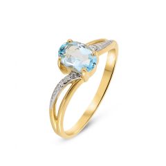 Bague Or jaune 375 Topaze Bleue Ovale 7x5mm et Diamant