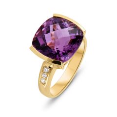 Bague Or Jaune 750 Améthyste Coussin 12x12mm et diamant