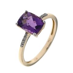 Bague Or Jaune 750 Améthyste Coussin 8x6mm et Diamant