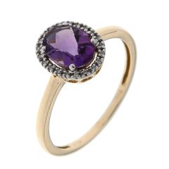 Bague Or Jaune 750 Améthyste Ovale 8x6mm et Diamant