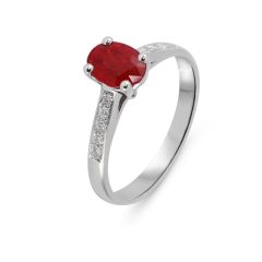 Bague Solitaire Or Blanc 750 Rubis Ovale 7x5mm et Diamant