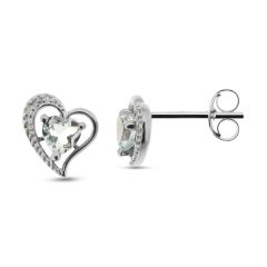 Boucles d'oreilles Coeur Aigue Marine et Diamant en Or Blanc 375
