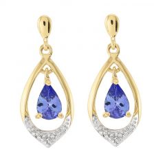 Boucles d'oreilles Or jaune 375 Tanzanite poire 6x4mm et diamant