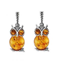 Boucles d'oreilles pendantes argent chouette et ambre 