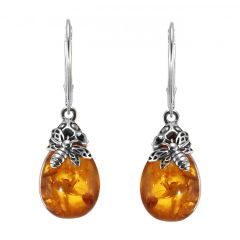 Boucles d'oreilles pendantes argent et ambre abeille