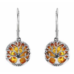 Boucles d'oreilles pendantes argent et ambre arbre de vie