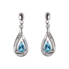 Boucles d'oreilles Pendantes Or Blanc 375 Topaze bleue traitée poire de 5x3mm et Diamants