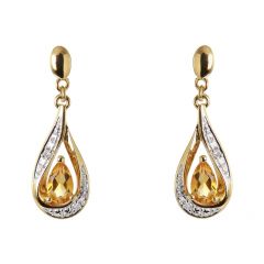 Boucles d'oreilles Pendantes Or Jaune 375 Citrine poire de 5x3mm et Diamants