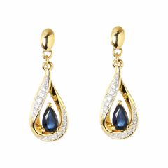 Boucles d'oreilles Pendantes Or Jaune 750 Saphir poire de 5x3mm et Diamants