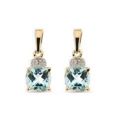 Boucles d'oreilles Topaze bleue traitée Coussin 6mm et Diamant en Or Jaune 375