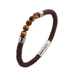 Bracelet Homme Cuir Marron et Oeil de tigre