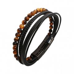 Bracelet Homme Multi-rangs Cuir Noir et Oeil de tigre