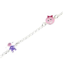 Bravelet Argent Enfant Tete Fillette et Fleur Emaillés