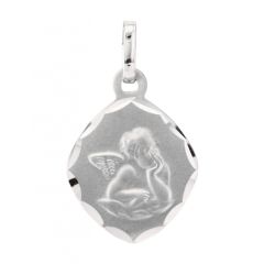 Médaille Losange baptême ange en Or blanc 750