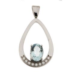 Pendentif Aigue Marine Ovale 8x6mm et Diamant Or Blanc