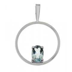 Pendentif Cercle Or Blanc Aigue Marine Ovale 7x5mm