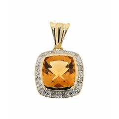 Pendentif Citrine Coussin 8mm et Diamant Or Jaune 375
