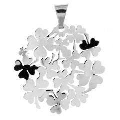 Pendentif en Argent rhodié motif rond et trefles à quatre feuilles