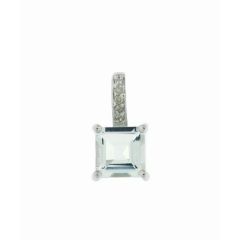 Pendentif Or Blanc 375 Aigue Marine Carrée 6x6mm et Diamant