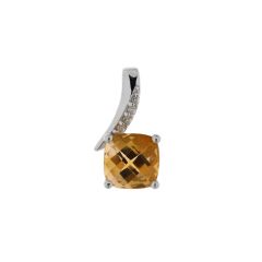 Pendentif Or Blanc 375 Citrine Coussin 6x6mm et Diamant