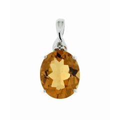 Pendentif Or Blanc 375 Citrine Ovale 12x10mm et Diamant