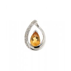 Pendentif Or Blanc 375 Citrine Poire 6x4mm et Diamant