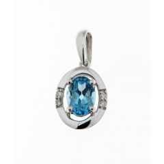 Pendentif Or Blanc 375 Topaze Bleue Ovale 7x5mm et Diamant