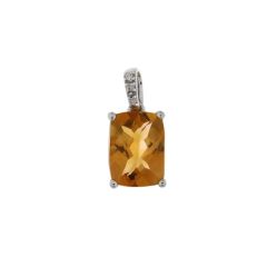 Pendentif Or Blanc 750 Citrine Coussin 8x6mm et Diamant