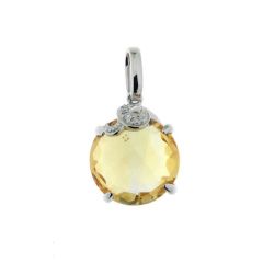 Pendentif Or Blanc 750 Citrine Ronde 10mm et Diamant