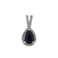 Pendentif Or Blanc 750 Saphir Poire 7x5mm et Diamant
