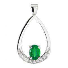 Pendentif Or Blanc Emeraude Ovale 7x5mm et Diamant