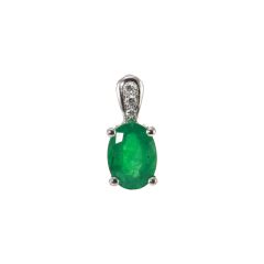 Pendentif Or Blanc Emeraude Ovale 8x6mm et Diamant