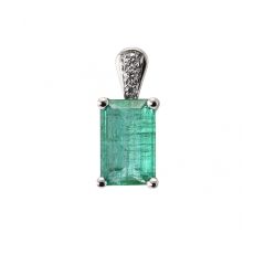 Pendentif Or Blanc Emeraude RPC 9x6mm et Diamant