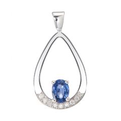 Pendentif Or Blanc Saphir Ovale 7x5mm et Diamant