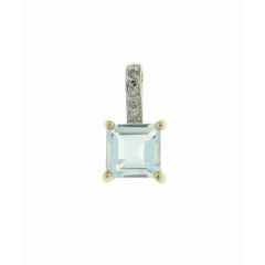 Pendentif Or Jaune 375 Aigue Marine Carrée 6x6mm et Diamant