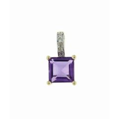 Pendentif Or Jaune 375 Améthyste Carrée 6x6mm et Diamant